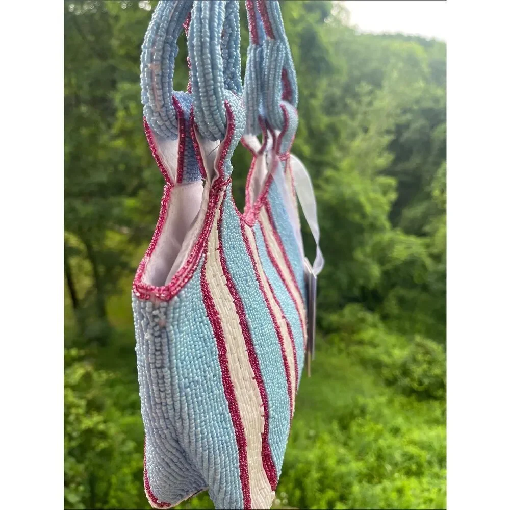 Viral Beaded Bag - Handcrafted Beaded Stripe Mini Tote - Blue, Cream & Red